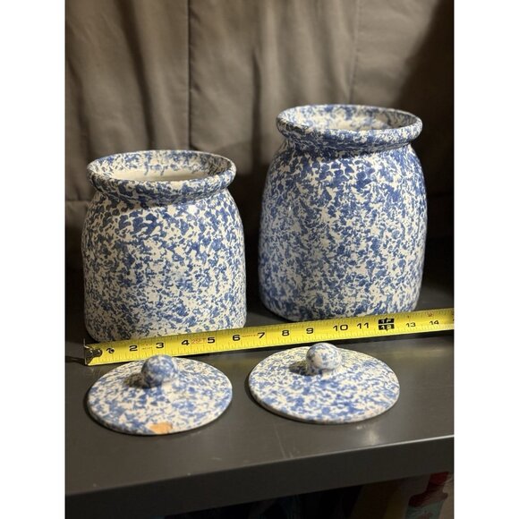 Blue Spongeware Large Storage Jars & Lids Crock Pair Of 7” And 9” - Picture 3 of 12